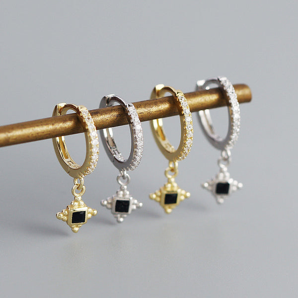 Black Square Shape Beads Drop Hoop Earring - 7Stones
