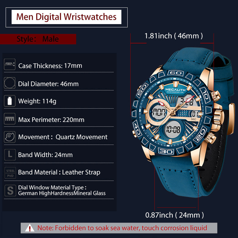 MEGALITH Men Dual Display Quartz Wrist Watches - 7Stones