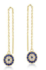 Genuine 925 Sterling Silver Long Pendant Round Blue Fringed Gold Ear Curb Chain line Threader Earring