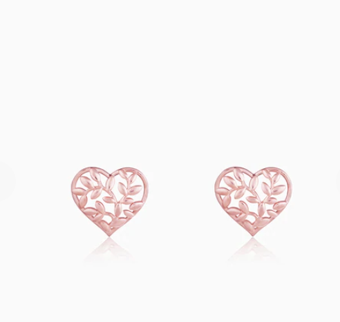 Silver Rose Gold Heart Leaf Earrings - 7Stones