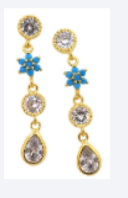 925 Earrings White CZ Syn Turquoise Gold Plating - 7Stones